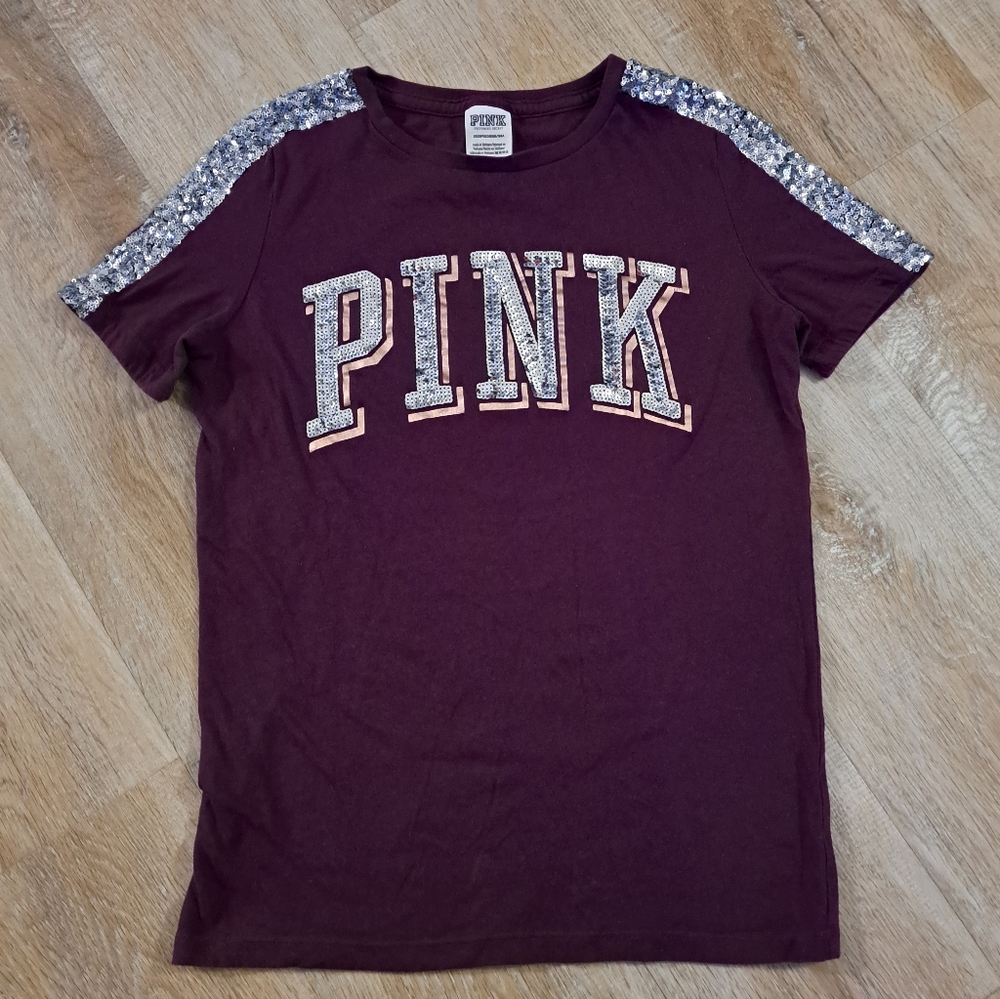 PINK Victoria's Secret Girls' Sequin-Trim Short Sleeve Tee โ Burgundy